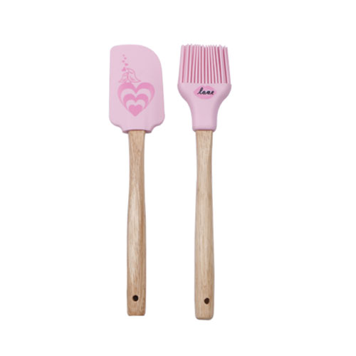 Silicone spatula and brush set with wooden handle